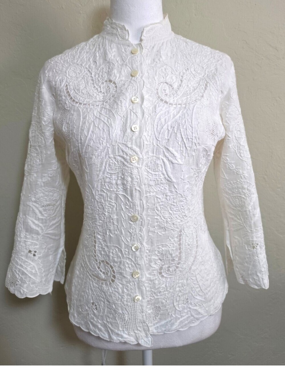 Bogner White Linen Embroidered Lace Button Up Blouse, 4 Cottagecore Quiet Luxury